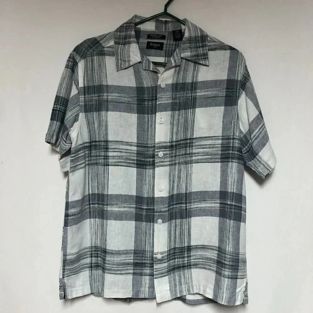 Haggar Men's Linen Plaid Grey & White Short Sleeve Button Down Shirt Size M